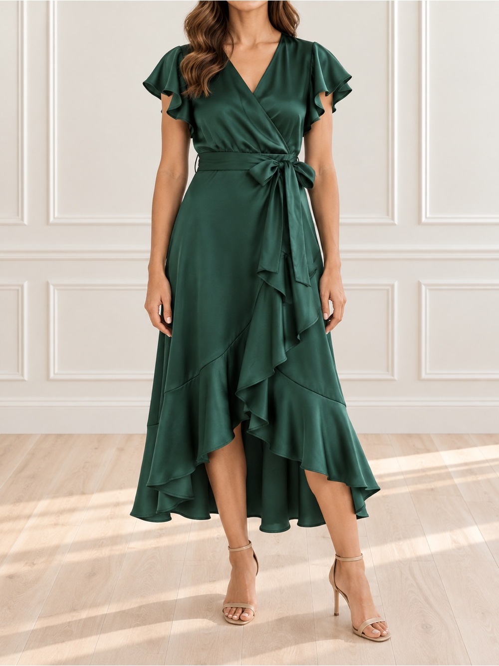 NWT Ivy City Co Maggie Dress Sz XXS Emerald Green Satin Wrap Ruffle Midi Formal